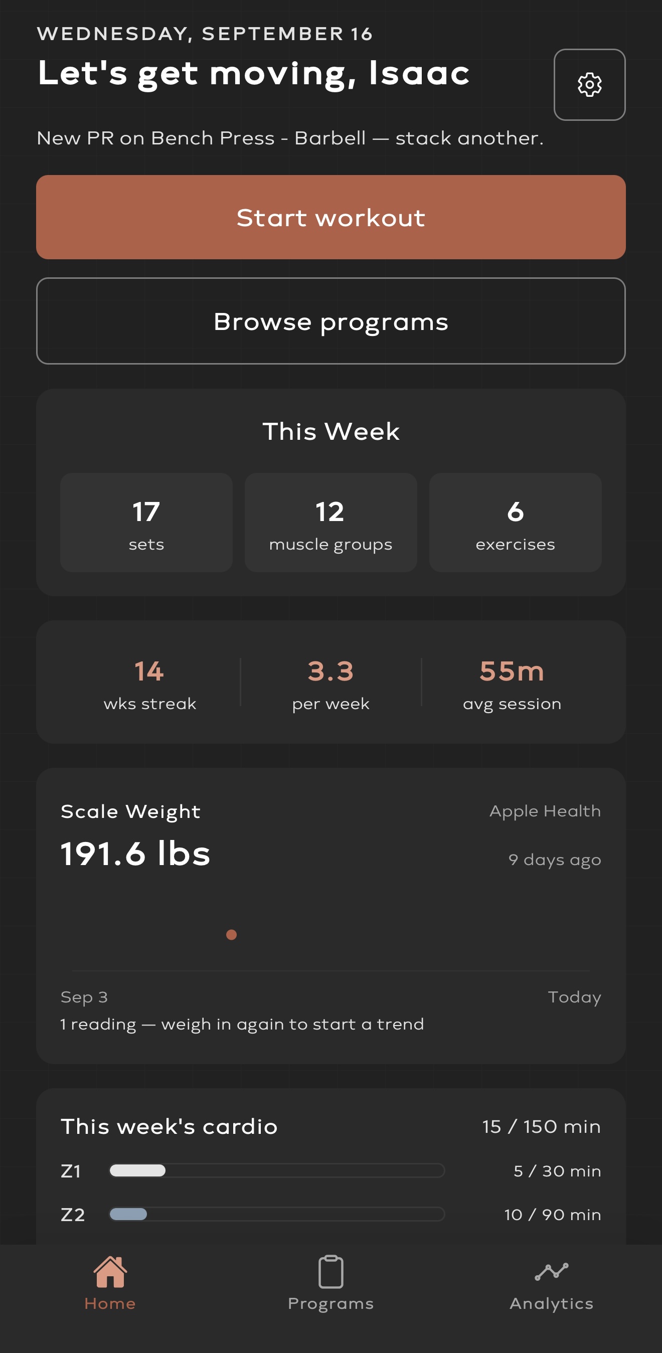 Hollis workout app home screen with workout controls and weekly activity